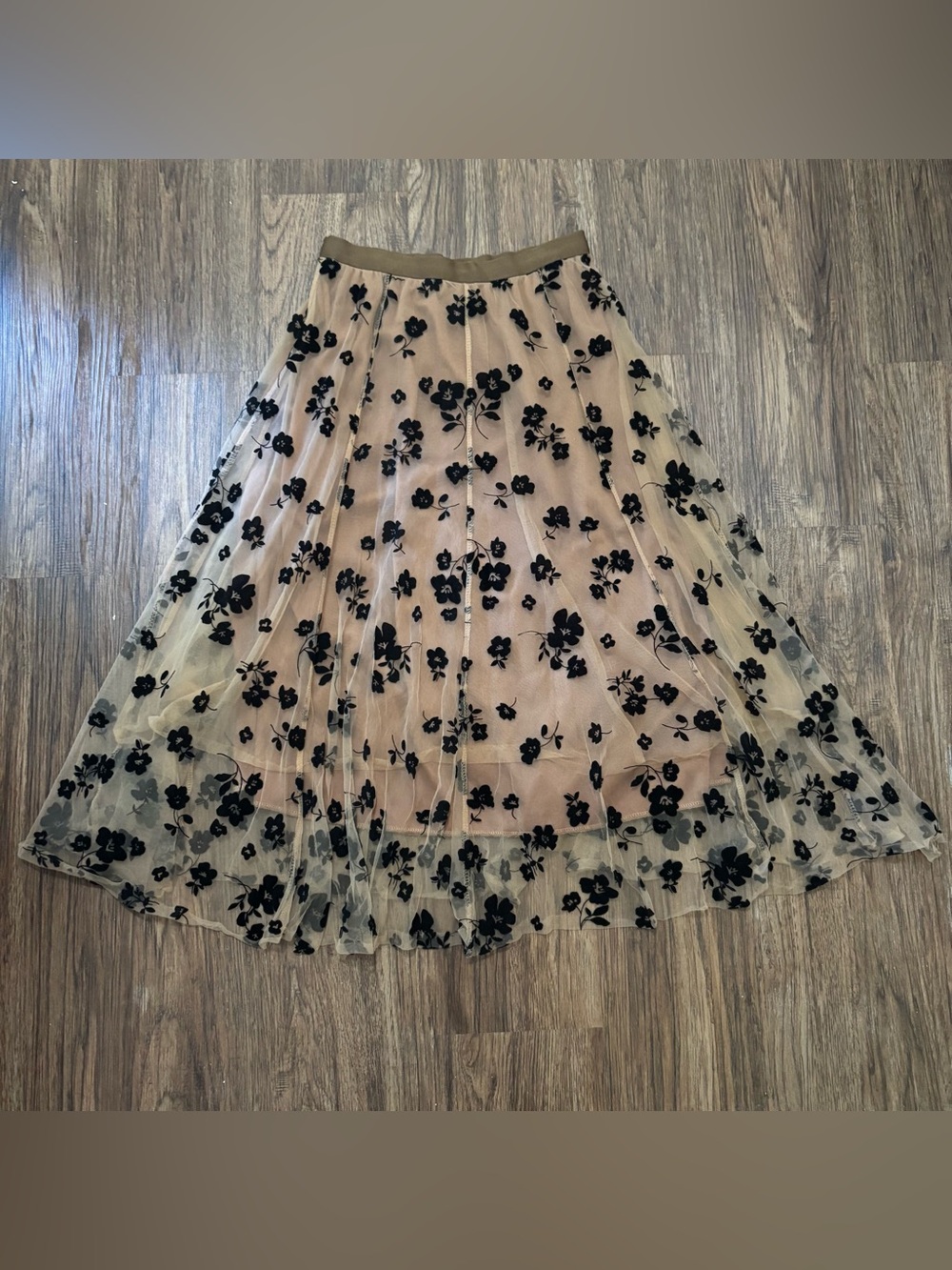 Beige Mesh Midi Skirt Black Velvet Floral Flocked Overlay Size M